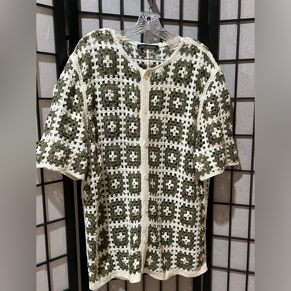 MAJOR LABEL GROUP Crochet BUTTON FRONT SHORT SLEEVE Cardigan, GREEN/CREAM SZ XL